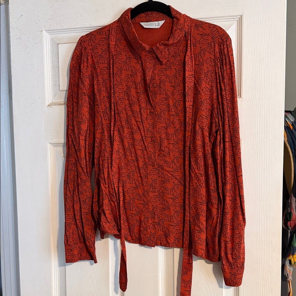 Chic Red Patterned Women's Blouse